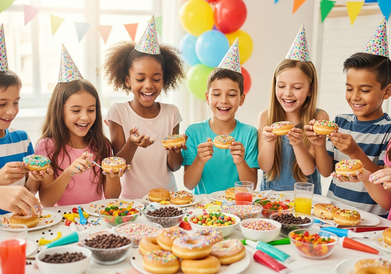 Kids decorating donuts at a birthday party